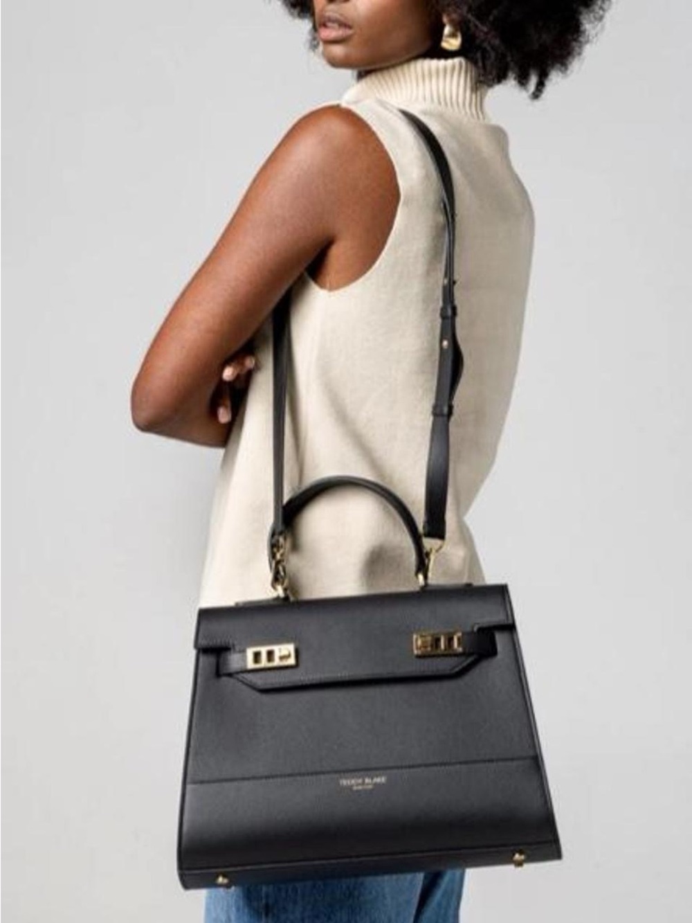 Black Structured Top-Handle Women’s Bag with Gold Hardware